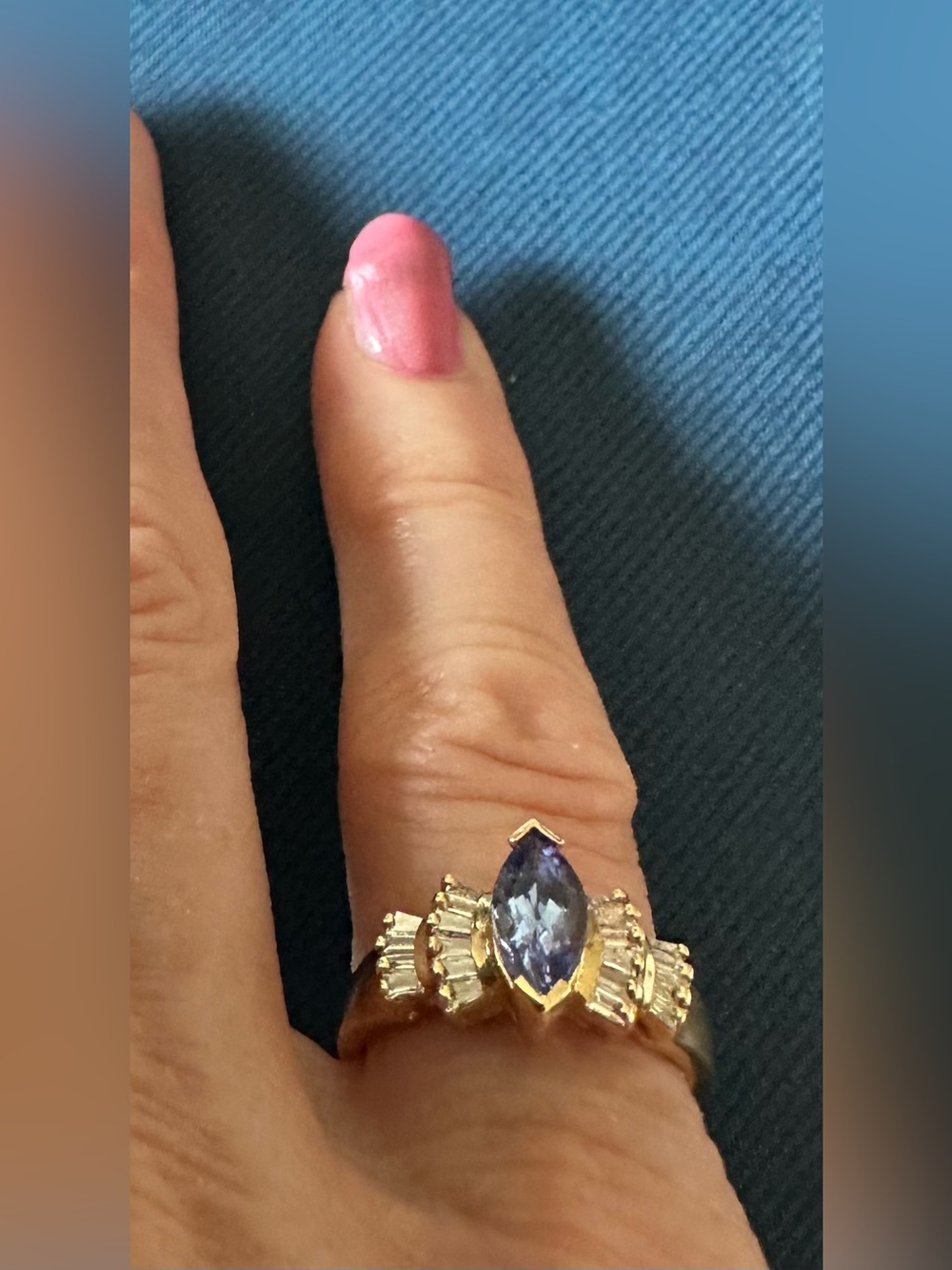 Authentic STS 14K Yellow Gold Marquise Tanzanite & Baguette Diamond Ring Size 5